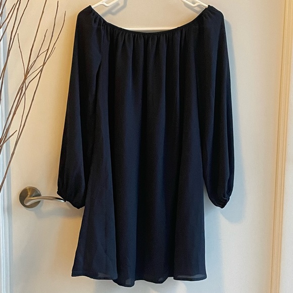 Off-the-shoulder, navy blue swing dress (Ecote - from Urban Outfitters) - Picture 3 of 5